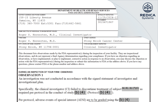 FDA 483 - Roger S. Keresztes, M.D. [Stony Brook / United States of America] - Download PDF - Redica Systems