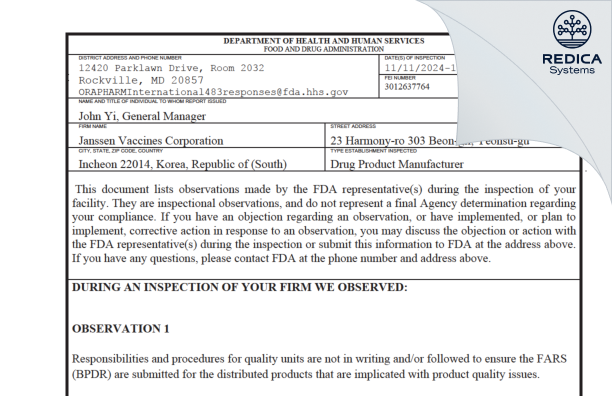 FDA 483 - Janssen Vaccines Corp. [Incheon / Korea (Republic of)] - Download PDF - Redica Systems