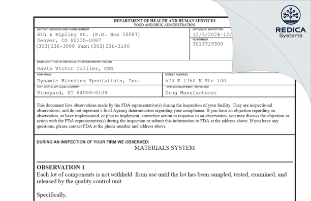 FDA 483 - Dynamic Blending Specialists, Inc. [Vineyard / United States of America] - Download PDF - Redica Systems