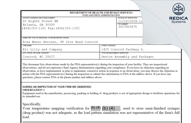 FDA 483 - Eli Lilly and Company [Concord / United States of America] - Download PDF - Redica Systems