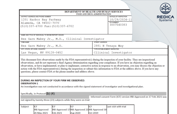 FDA 483 - R. Garn Mabey Jr., M.D. [Las Vegas / United States of America] - Download PDF - Redica Systems