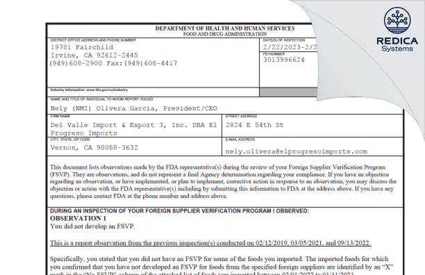 FDA 483 - Del Valle Import & Export 3, Inc. DBA El Progreso Imports [Los Angeles / United States of America] - Download PDF - Redica Systems