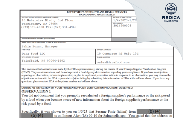 FDA 483 - Dara Food LLC [Fairfield / United States of America] - Download PDF - Redica Systems