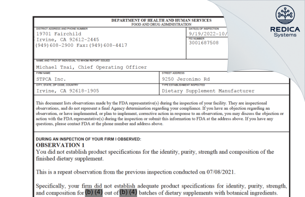 FDA 483 - STPCA Inc. [Irvine / United States of America] - Download PDF - Redica Systems