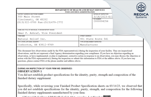 FDA 483 - Natural Relief Inc. [Coshocton / United States of America] - Download PDF - Redica Systems