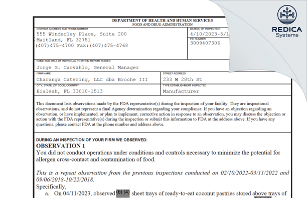 FDA 483 - Charanga Catering, LLC dba Broche III [Hialeah / United States of America] - Download PDF - Redica Systems