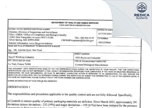 FDA 483 - Sanofi Winthrop Industrie [Le Trait / France] - Download PDF - Redica Systems