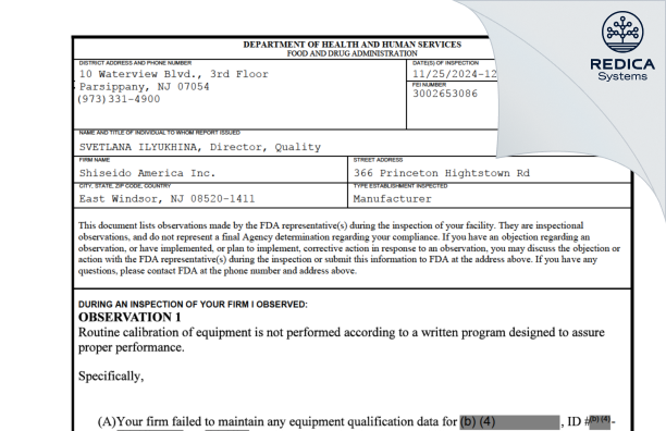 FDA 483 - Shiseido America Inc. [East Windsor / United States of America] - Download PDF - Redica Systems