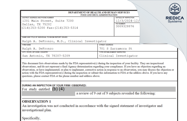 FDA 483 - Ralph A. DeFronzo [San Antonio / United States of America] - Download PDF - Redica Systems