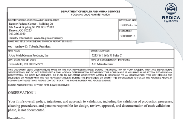 FDA 483 - AAA Molybdenum Products, Inc. [Broomfield / United States of America] - Download PDF - Redica Systems