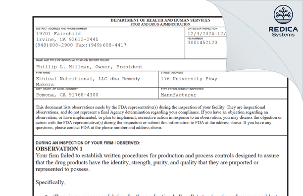 FDA 483 - Ethical Nutritional, LLC [Pomona / United States of America] - Download PDF - Redica Systems