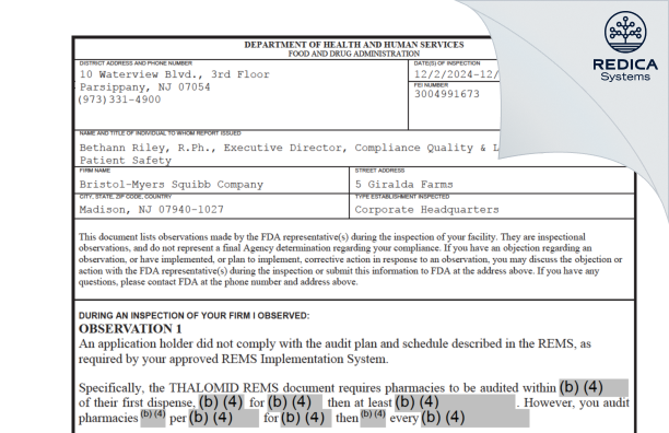 FDA 483 - CELGENE CORPORATION [Summit / United States of America] - Download PDF - Redica Systems