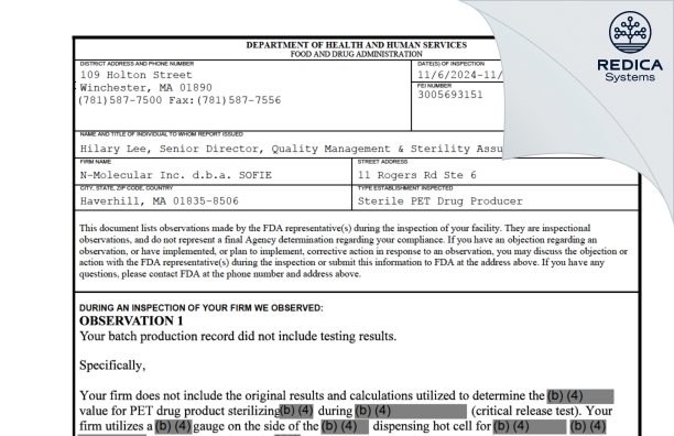 FDA 483 - N-Molecular, Inc. dba SOFIE [Haverhill / United States of America] - Download PDF - Redica Systems