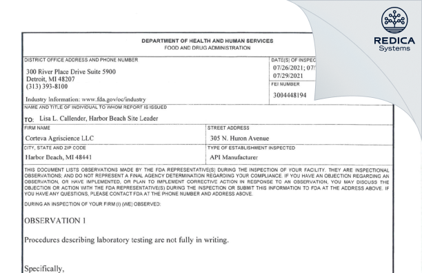 FDA 483 - Corteva Agriscience LLC [Harbor Beach / United States of America] - Download PDF - Redica Systems