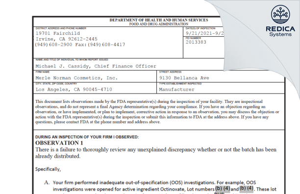 FDA 483 - Merle Norman Cosmetics [Los Angeles / United States of America] - Download PDF - Redica Systems