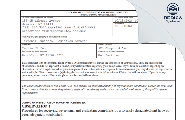 FDA 483 - Imedia NY Inc [Brooklyn / United States of America] - Download PDF - Redica Systems