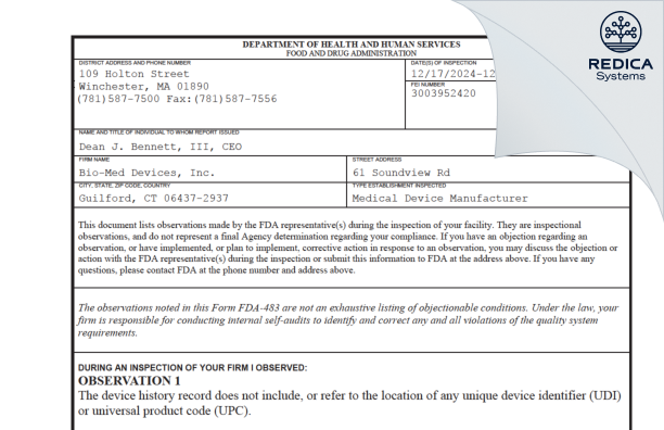 FDA 483 - Bio-Med Devices, Inc. [Guilford / United States of America] - Download PDF - Redica Systems