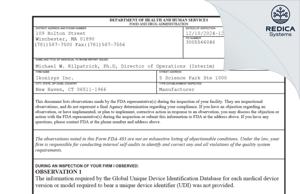 FDA 483 - Ikonisys Inc. [New Haven / United States of America] - Download PDF - Redica Systems