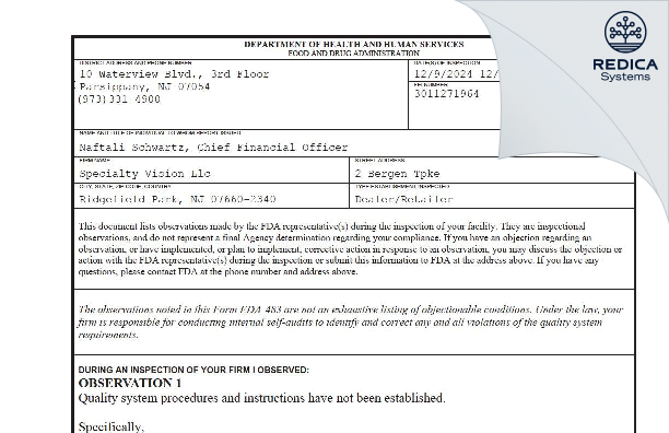 FDA 483 - Specialty Vision Llc [Ridgefield Park / United States of America] - Download PDF - Redica Systems