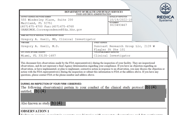 FDA 483 - Gregory A. Guell, M.D. [Miami / United States of America] - Download PDF - Redica Systems