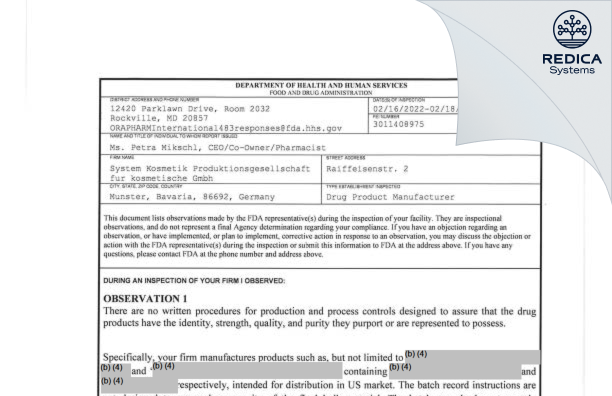 FDA 483 - System Kosmetik Produktionsgesellschaft fur kosmetische Erzeugnisse mbH [Münster / Germany] - Download PDF - Redica Systems