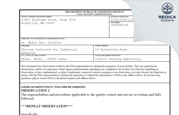 FDA 483 - SHRIRAM INSTITUTE FOR INDUSTRIAL RESEARCH [New Delhi / India] - Download PDF - Redica Systems