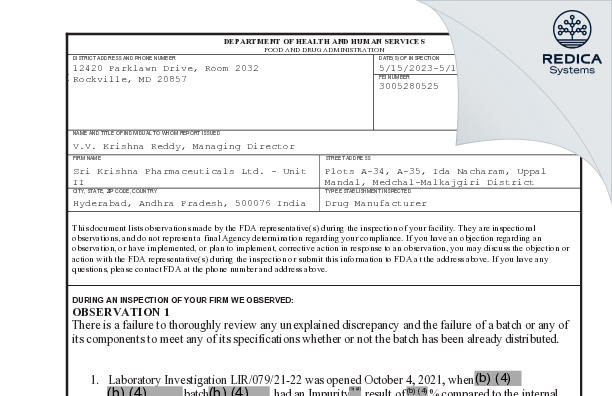 FDA 483 - Sri Krishna Pharmaceuticals Limited [Secunderabad / India] - Download PDF - Redica Systems