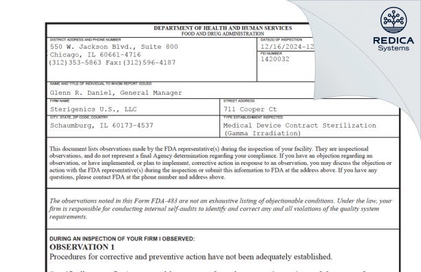 FDA 483 - Sterigenics International, LLC [Schaumburg / United States of America] - Download PDF - Redica Systems