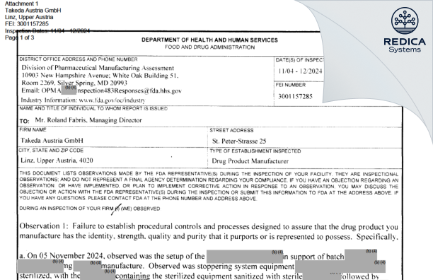 FDA 483 - Takeda Austria GmbH [Linz / Austria] - Download PDF - Redica Systems