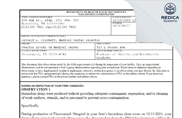 FDA 483 - Overton Brooks VA Medical Center [Shreveport / United States of America] - Download PDF - Redica Systems