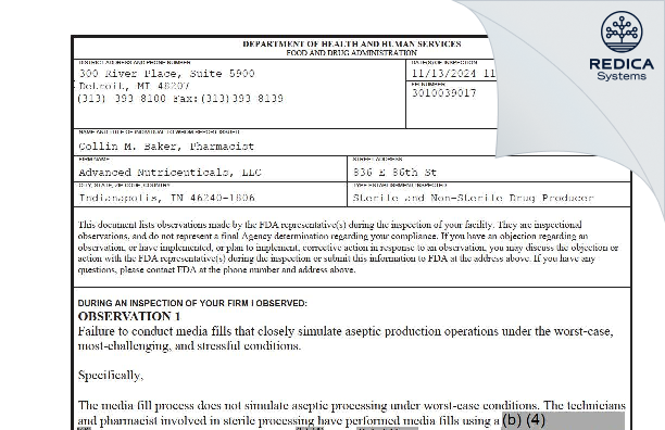 FDA 483 - Advanced Nutriceuticals, LLC [Indianapolis / United States of America] - Download PDF - Redica Systems