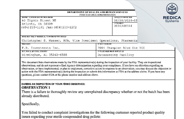 FDA 483 - FH Investments Inc. dba Asteria Health [Birmingham / United States of America] - Download PDF - Redica Systems