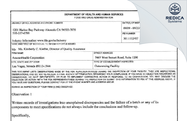 FDA 483 - AnazaoHealth Corporation [Las Vegas / United States of America] - Download PDF - Redica Systems