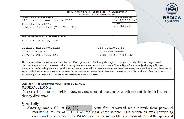 FDA 483 - Turbare Manufacturing [Conway / United States of America] - Download PDF - Redica Systems