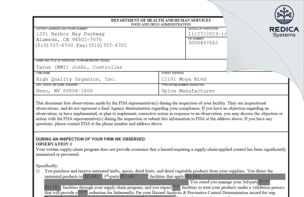 FDA 483 - High Quality Organics, Inc. [Reno / United States of America] - Download PDF - Redica Systems