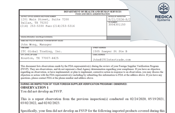 FDA 483 - ITC Global Trading, Inc. [Houston / United States of America] - Download PDF - Redica Systems