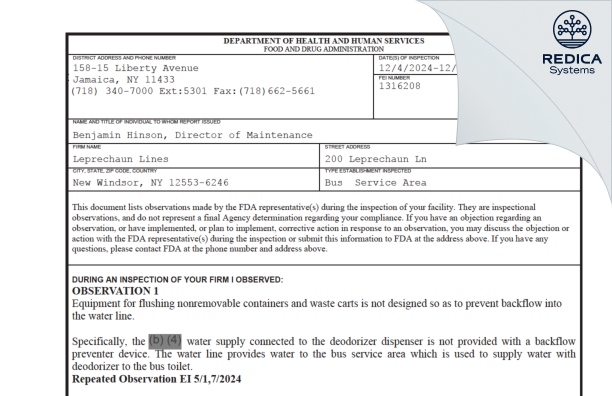 FDA 483 - Leprechaun Lines [New Windsor / United States of America] - Download PDF - Redica Systems