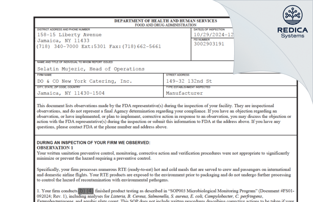 FDA 483 - DO & CO New York Catering, Inc. [South Ozone Park / United States of America] - Download PDF - Redica Systems