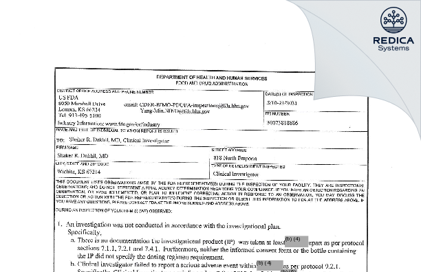 FDA 483 - Shaker R. Dakhil, MD [Wichita / United States of America] - Download PDF - Redica Systems