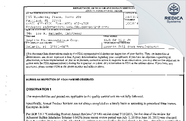 FDA 483 - Nephron Pharmaceuticals Corporation [Orlando / United States of America] - Download PDF - Redica Systems