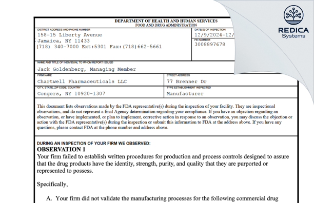 FDA 483 - Chartwell Pharmaceuticals Congers, LLC. [Congers / United States of America] - Download PDF - Redica Systems