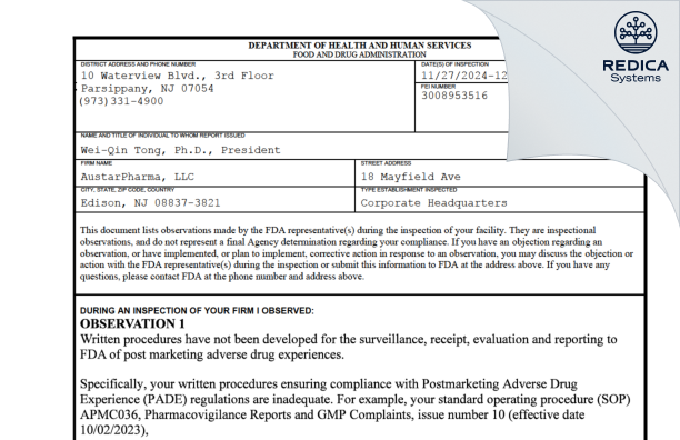 FDA 483 - AustarPharma LLC [Edison / United States of America] - Download PDF - Redica Systems