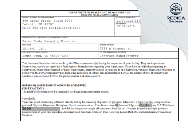 FDA 483 - TRI-PAC, INC. [South Bend / United States of America] - Download PDF - Redica Systems