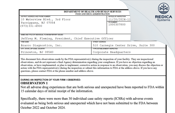 FDA 483 - BRACCO DIAGNOSTICS INC [Monroe Township / United States of America] - Download PDF - Redica Systems