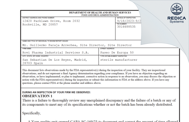 FDA 483 - ROVI PHARMA INDUSTRIAL SERVICES S.A. [San Sebastián De Los Reyes / Spain] - Download PDF - Redica Systems