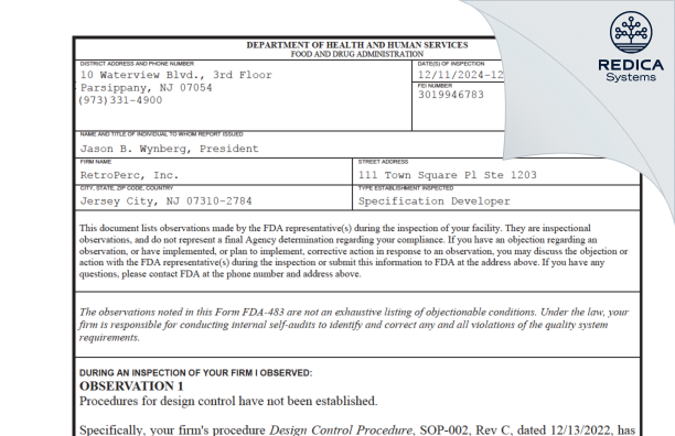 FDA 483 - RETROPERC [Passaic / United States of America] - Download PDF - Redica Systems