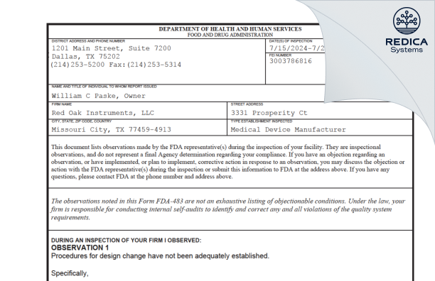 FDA 483 - Red Oak Instruments, LLC [Katy / United States of America] - Download PDF - Redica Systems