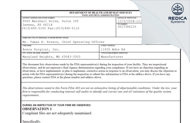 FDA 483 - Acera Surgical - Adie Road [Maryland Heights / United States of America] - Download PDF - Redica Systems