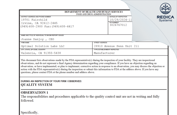 FDA 483 - Optimal Solution Labs LLC [Canyon Country / United States of America] - Download PDF - Redica Systems