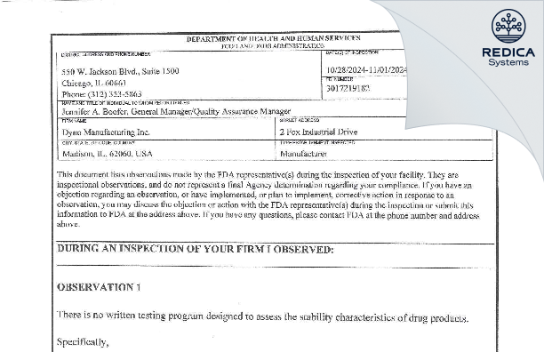 FDA 483 - Dyno Manufacturing, Inc [Madison / United States of America] - Download PDF - Redica Systems